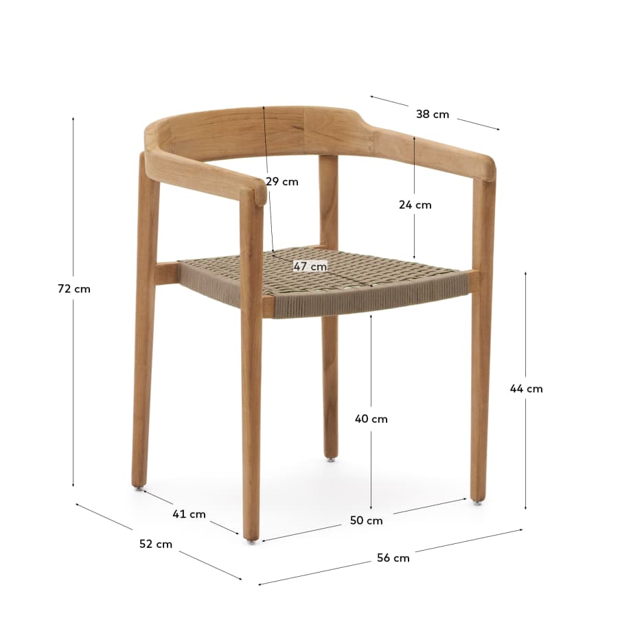 Japandi Stuhl aus Teakholz mit Seilgeflecht in Beige, Stapelbar