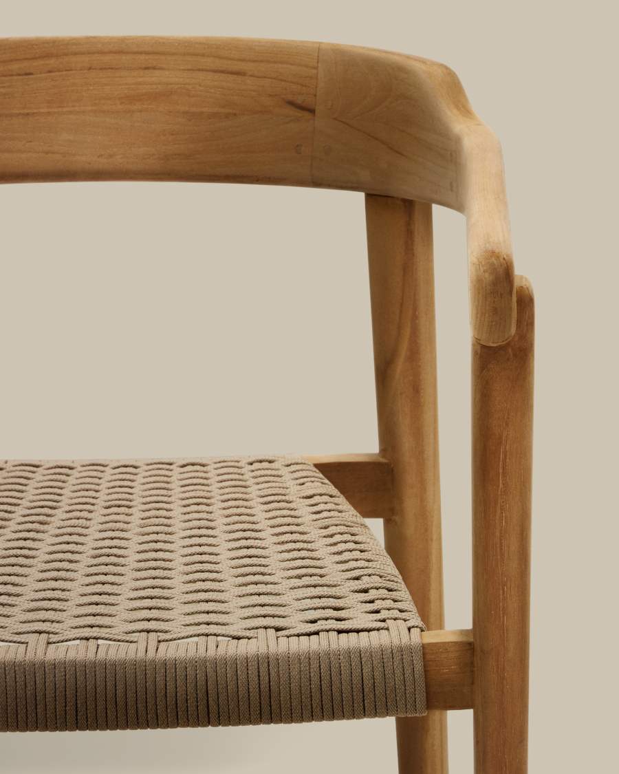 Japandi Stuhl aus Teakholz mit Seilgeflecht in Beige, Stapelbar