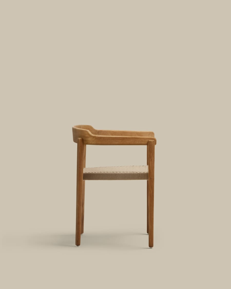 Japandi Stuhl aus Teakholz mit Seilgeflecht in Beige, Stapelbar