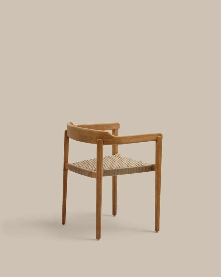 Japandi Stuhl aus Teakholz mit Seilgeflecht in Beige, Stapelbar