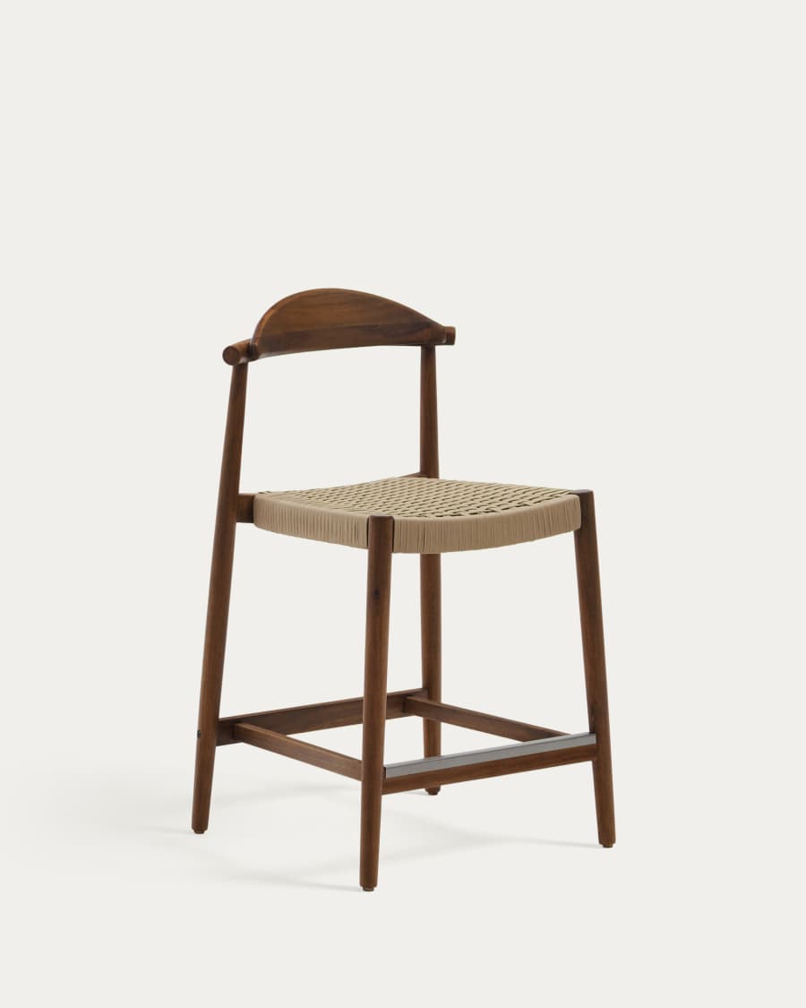Hocker Japandi aus Akazienholz und Nussbaum mit Beigem Seil, 62 cm