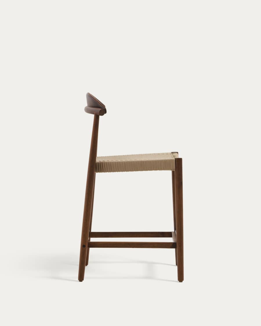 Hocker Japandi aus Akazienholz und Nussbaum mit Beigem Seil, 62 cm