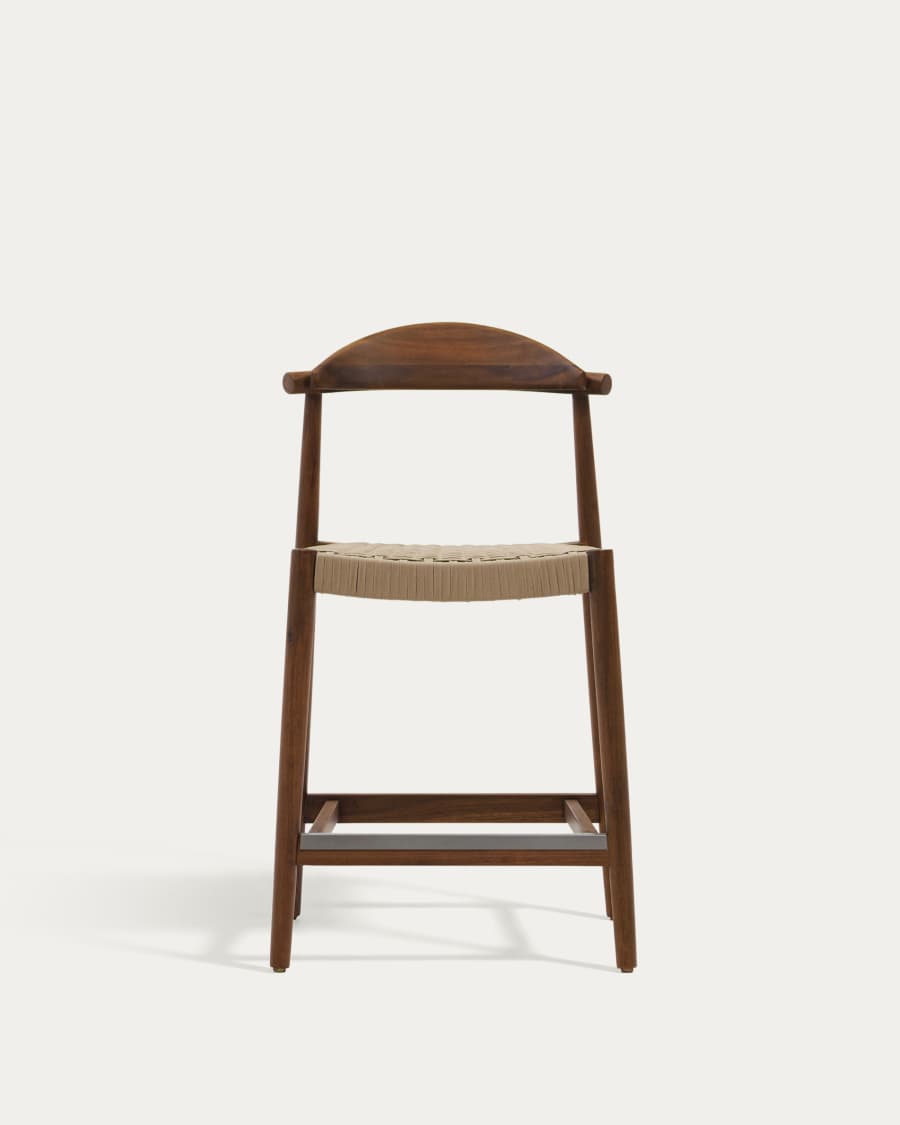 Hocker Japandi aus Akazienholz und Nussbaum mit Beigem Seil, 62 cm