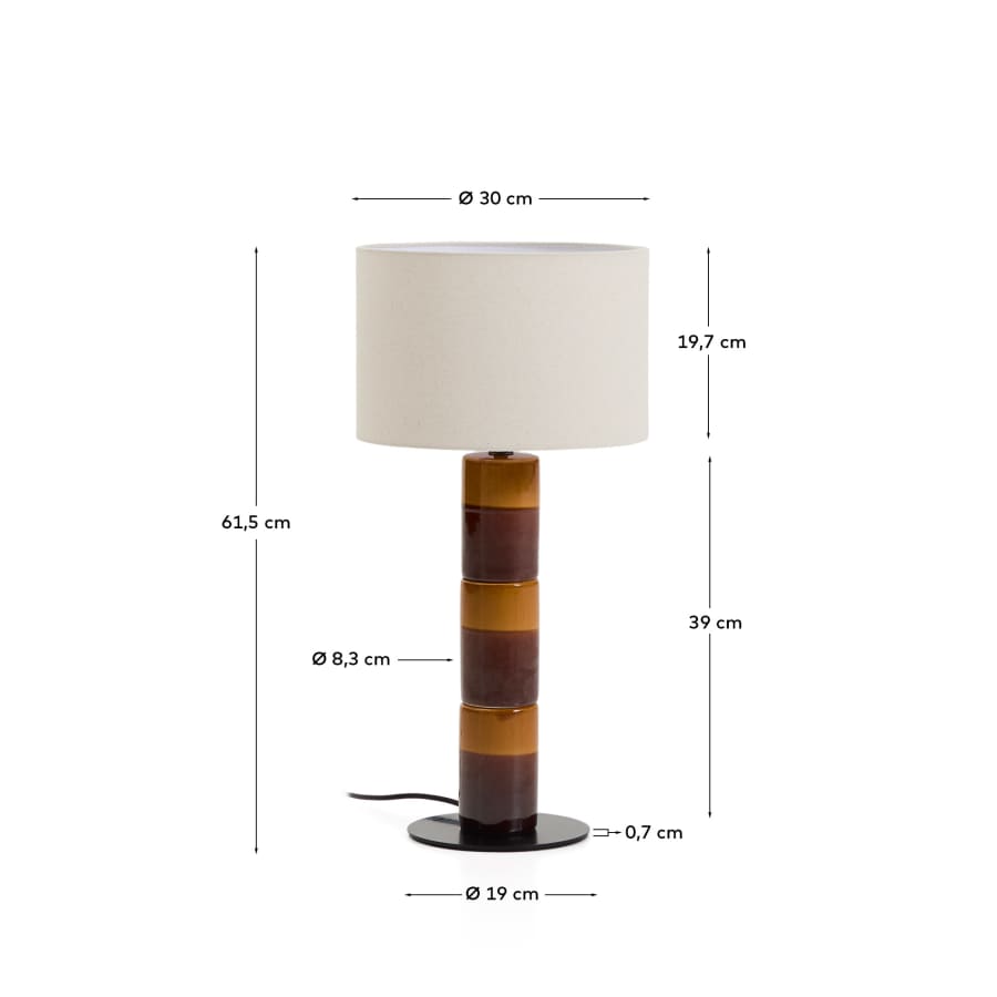 Japandi Tischlampe aus Keramik | Braun & Senfgelb | Baumwollschirm
