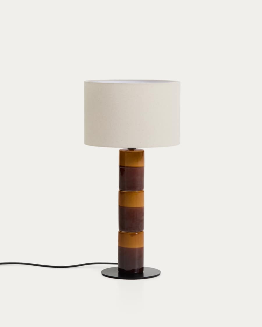 Japandi Tischlampe aus Keramik | Braun & Senfgelb | Baumwollschirm