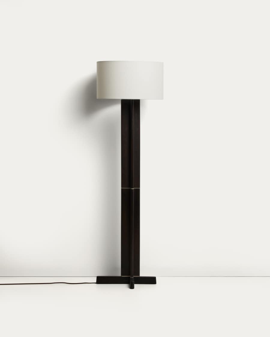 Japandi Stehlampe aus Kautschukholz mit Baumwollschirm