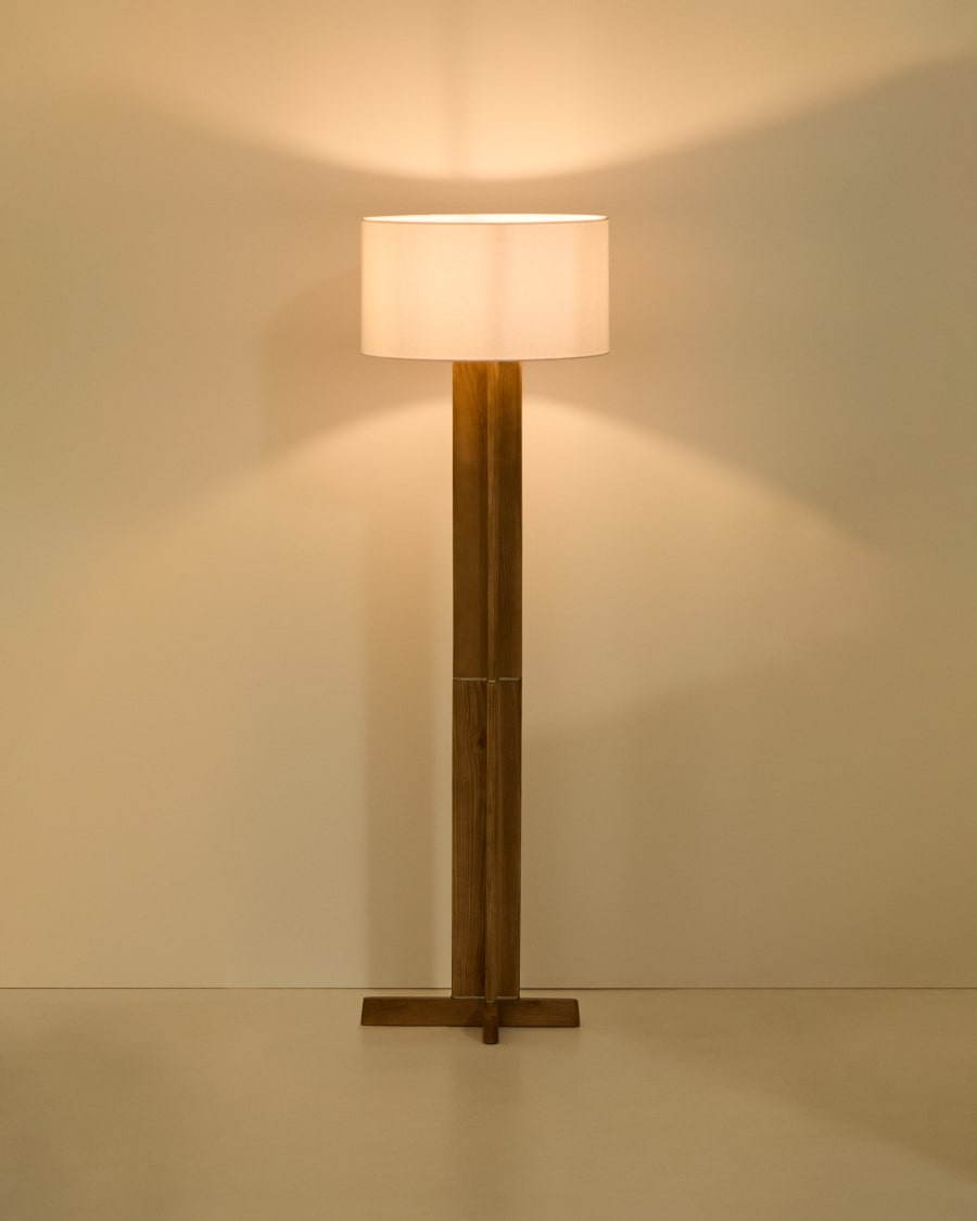 Stehlampe Japandi Kautschukholz Natur mit Baumwollschirm