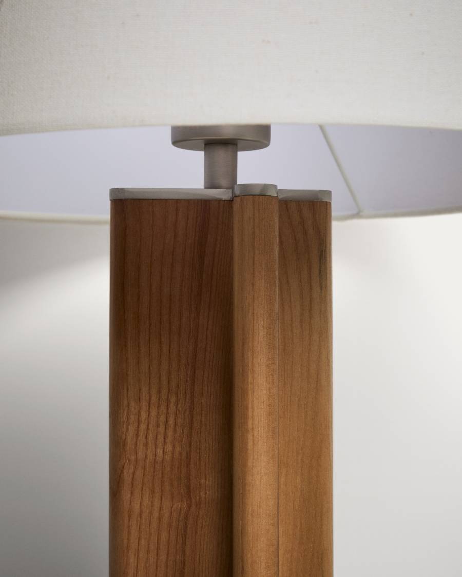 Japandi Tischlampe aus Kautschukholz mit Baumwollschirm 30 cm