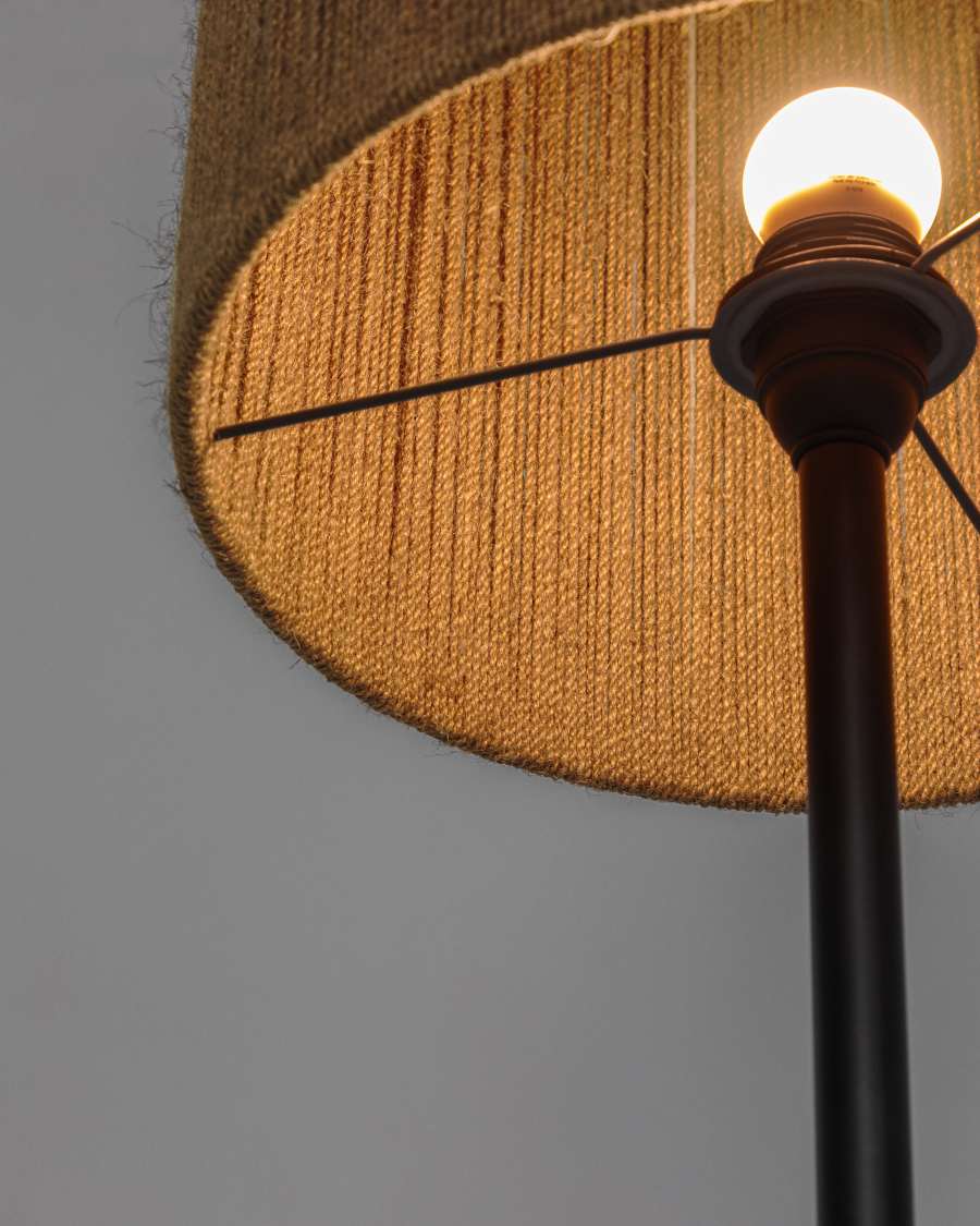 Japandi Stehlampe aus dunklem Akazienholz mit Jute
