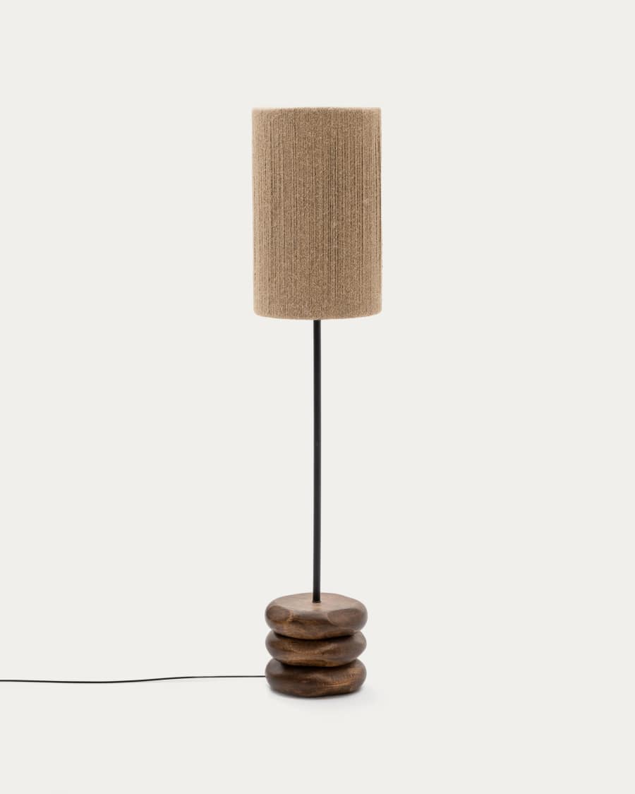 Japandi Stehlampe aus dunklem Akazienholz mit Jute