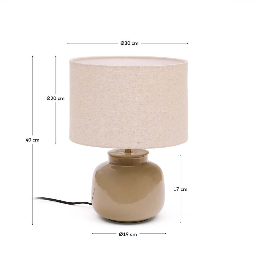 Japandi Tischlampe aus Keramik mit Leinenschirm in Grün und Beige