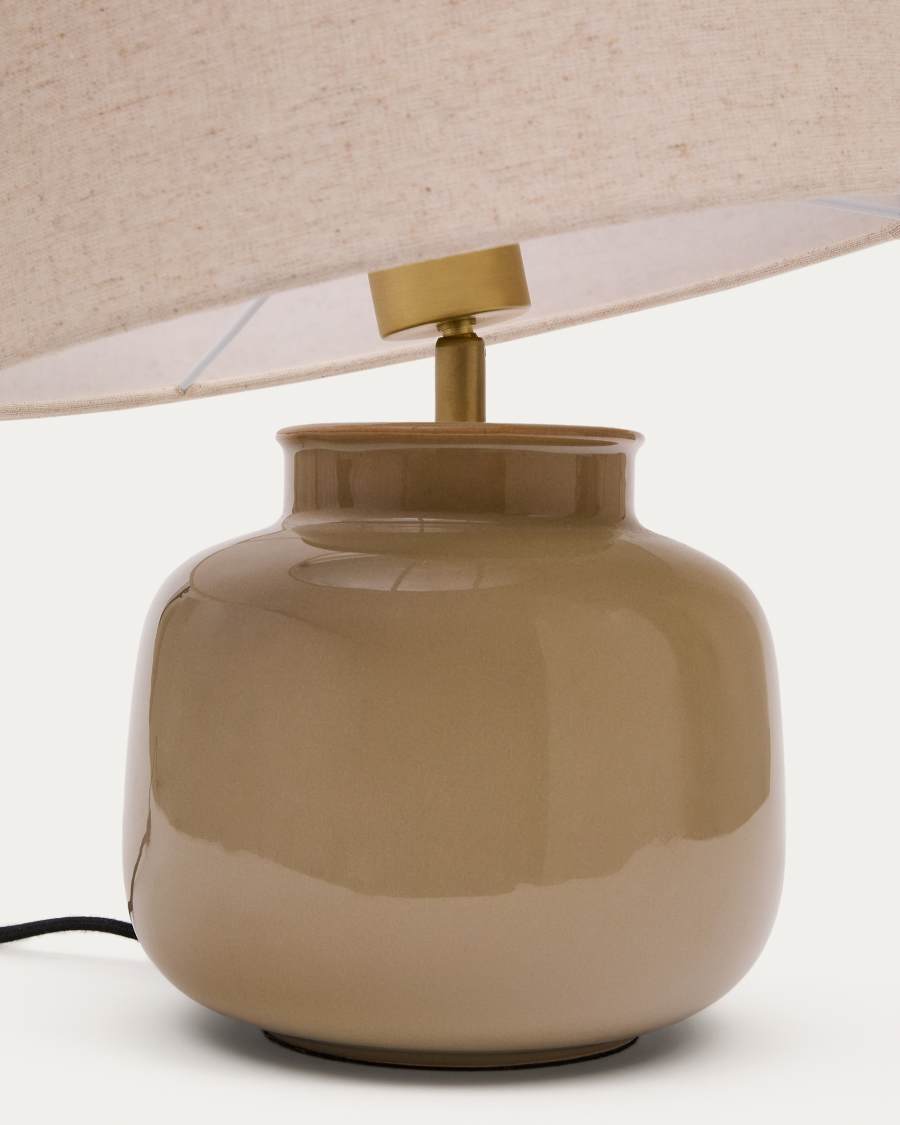 Japandi Tischlampe aus Keramik mit Leinenschirm in Grün und Beige