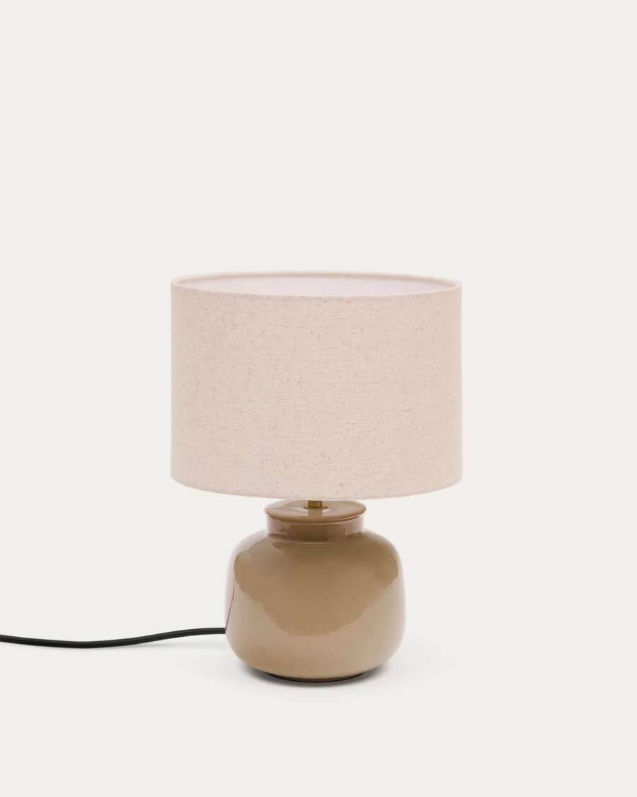 Japandi Tischlampe aus Keramik mit Leinenschirm in Grün und Beige