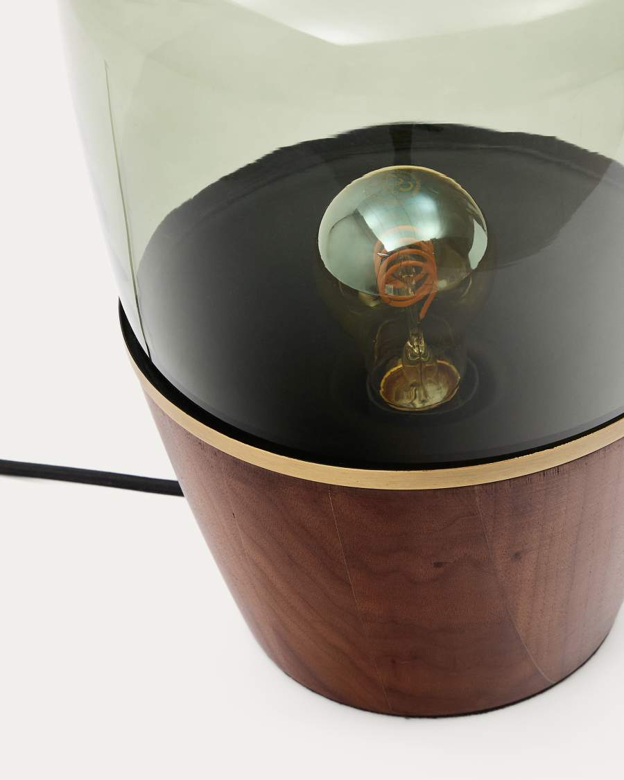 Japandi Tischlampe aus Walnussfurnier und Grünem Glas