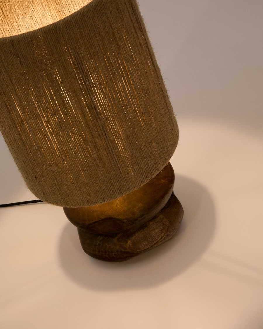 Japandi Tischlampe aus dunklem Akazienholz mit Jute