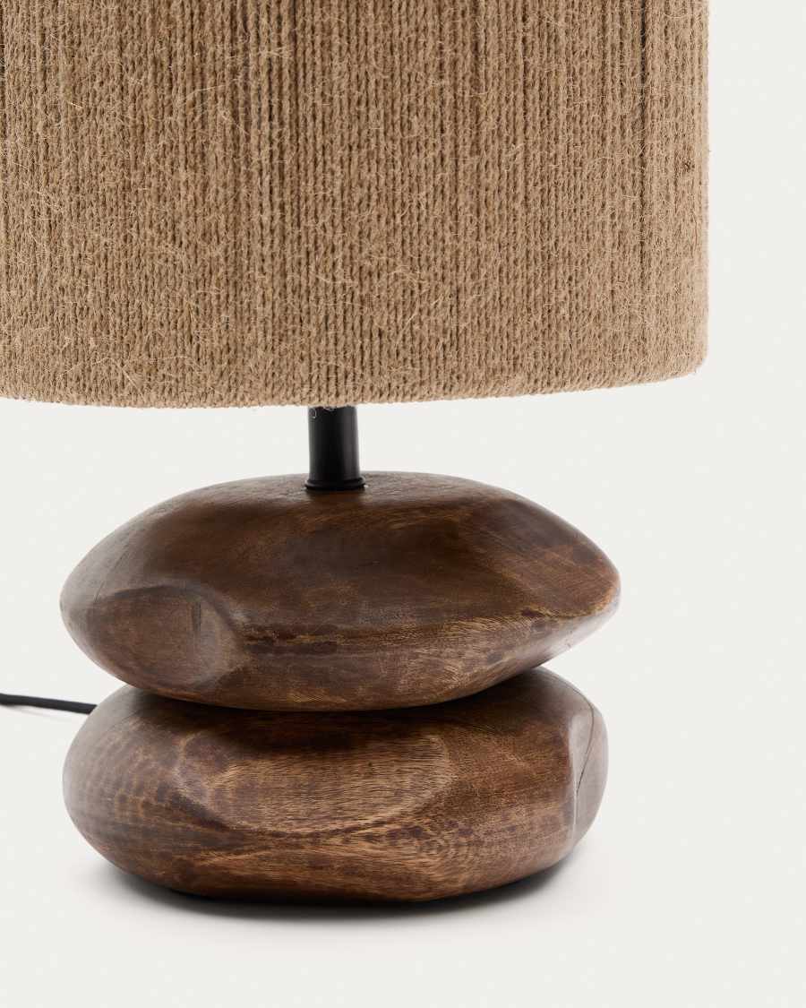 Japandi Tischlampe aus dunklem Akazienholz mit Jute