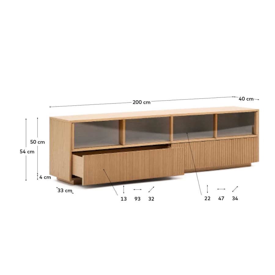 Sideboard Japandi Eichenfurnier Glas 4 Türen 200x54 cm
