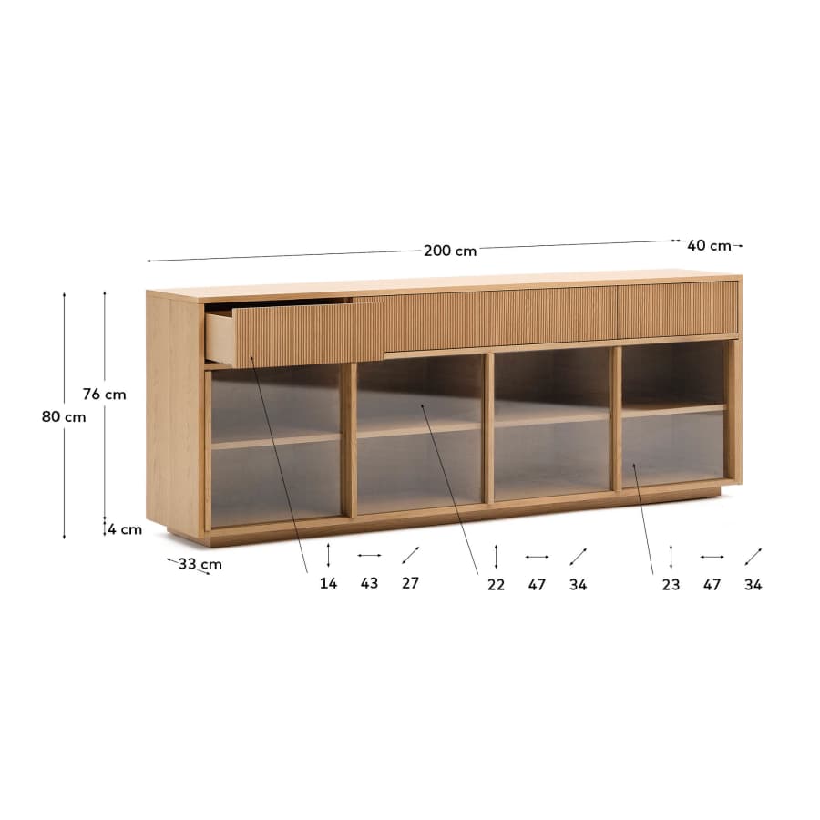Sideboard Japandi Eichenfurnier Glas 4 Türen 200x80 cm