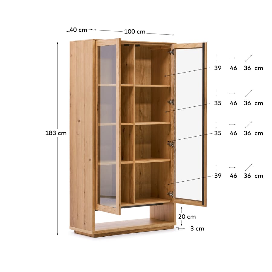 Vitrine im Japandi-Stil, Eichenfurnier Natur, 100x185 cm
