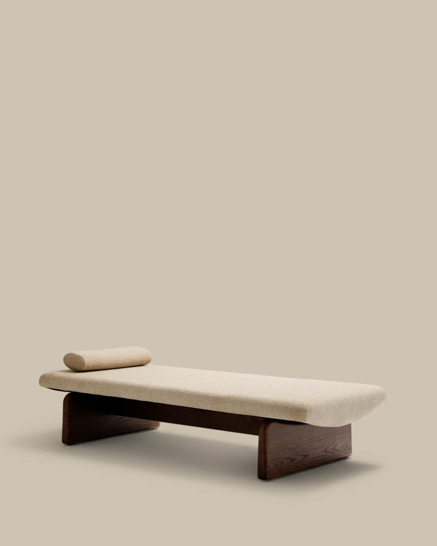 Chaiselongue Japandi Beige Chenille Eschenholz Walnuss
