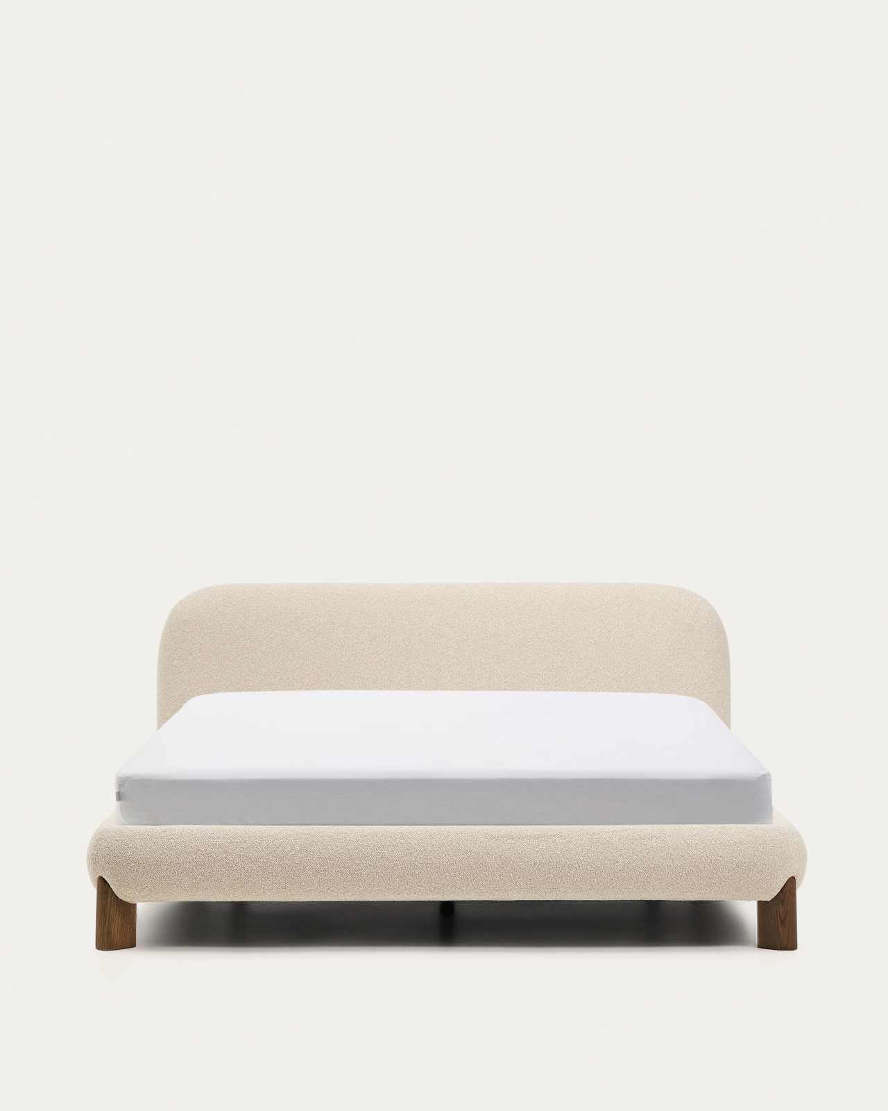 Japandi Bett Ecru Bouclé Eschenholz Nussbaum 160x200 cm
