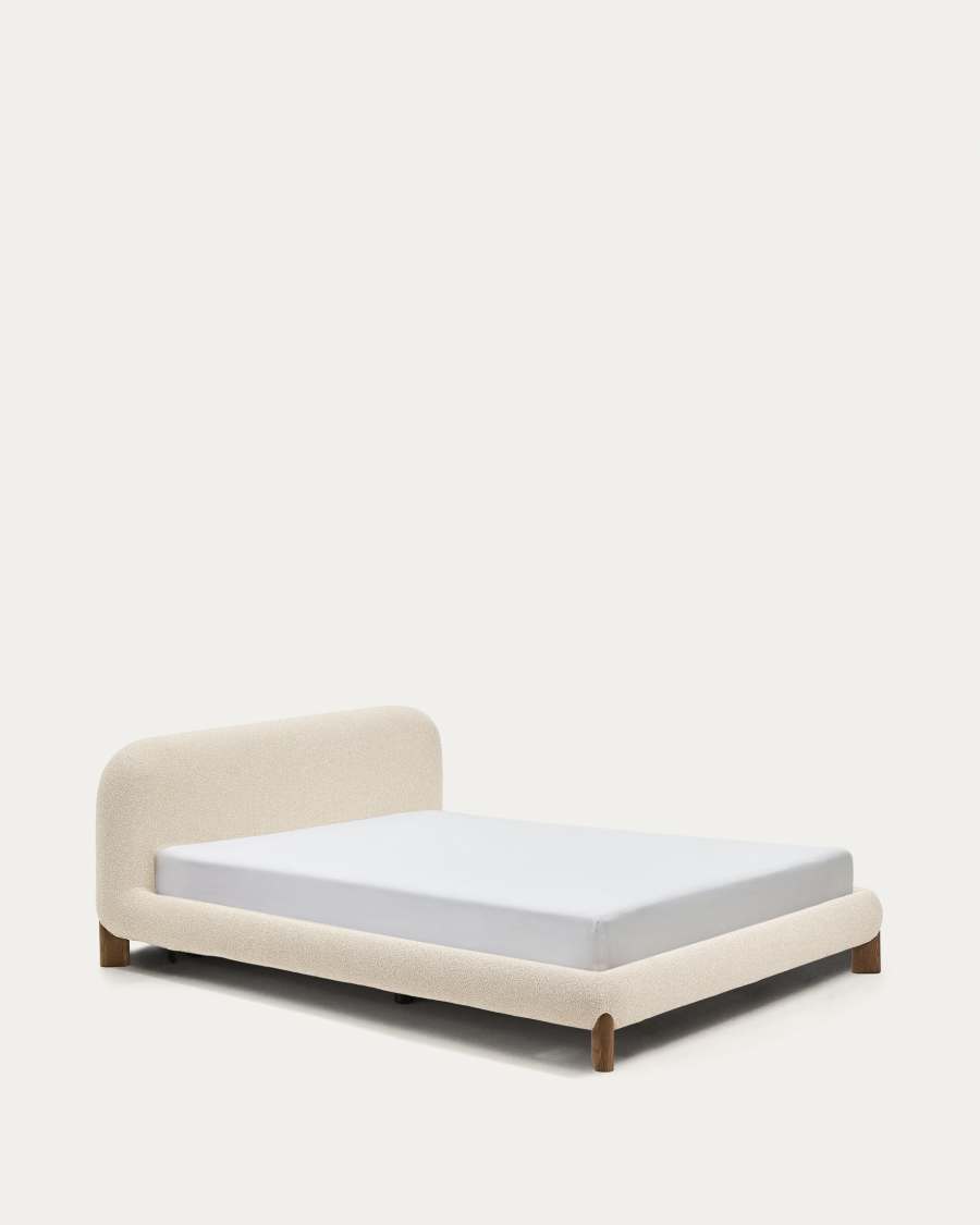 Japandi Bett Ecru Bouclé Eschenholz Nussbaum 160x200 cm