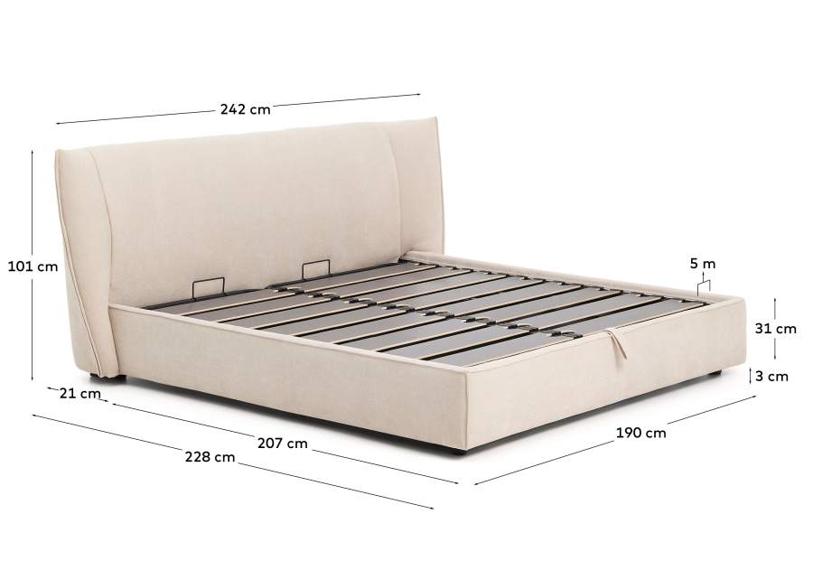 Japandi Bett mit Bettkasten, Chenille-Bezug, Beige, 180x200 cm