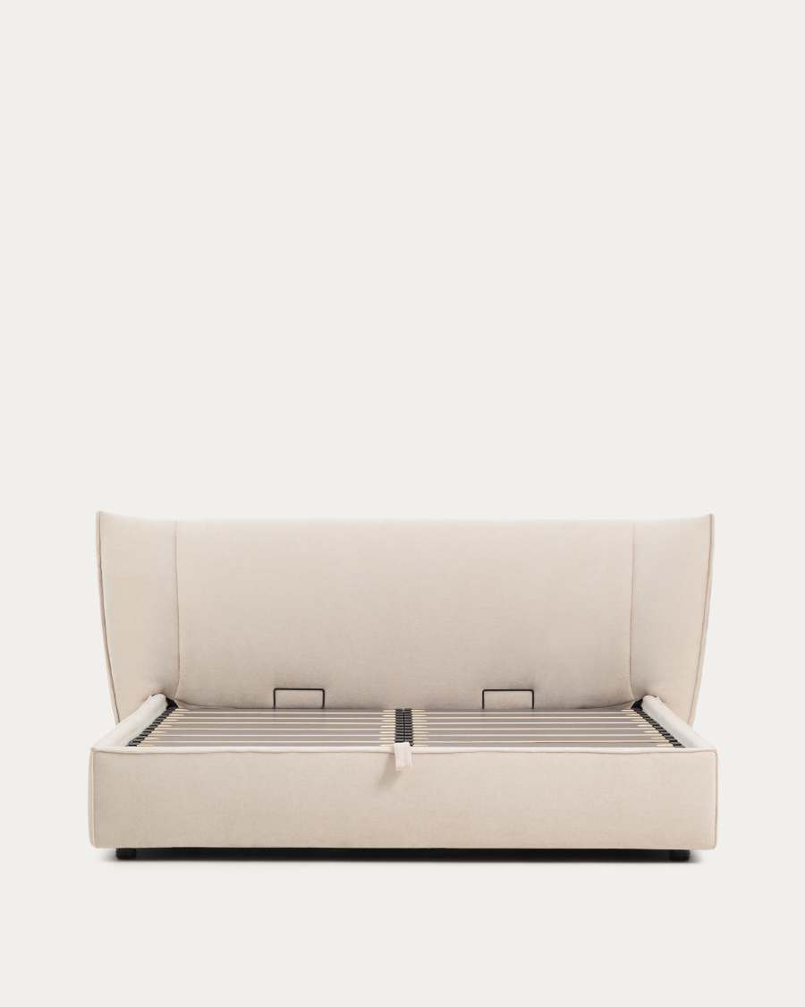 Japandi Bett mit Bettkasten, Chenille-Bezug, Beige, 180x200 cm