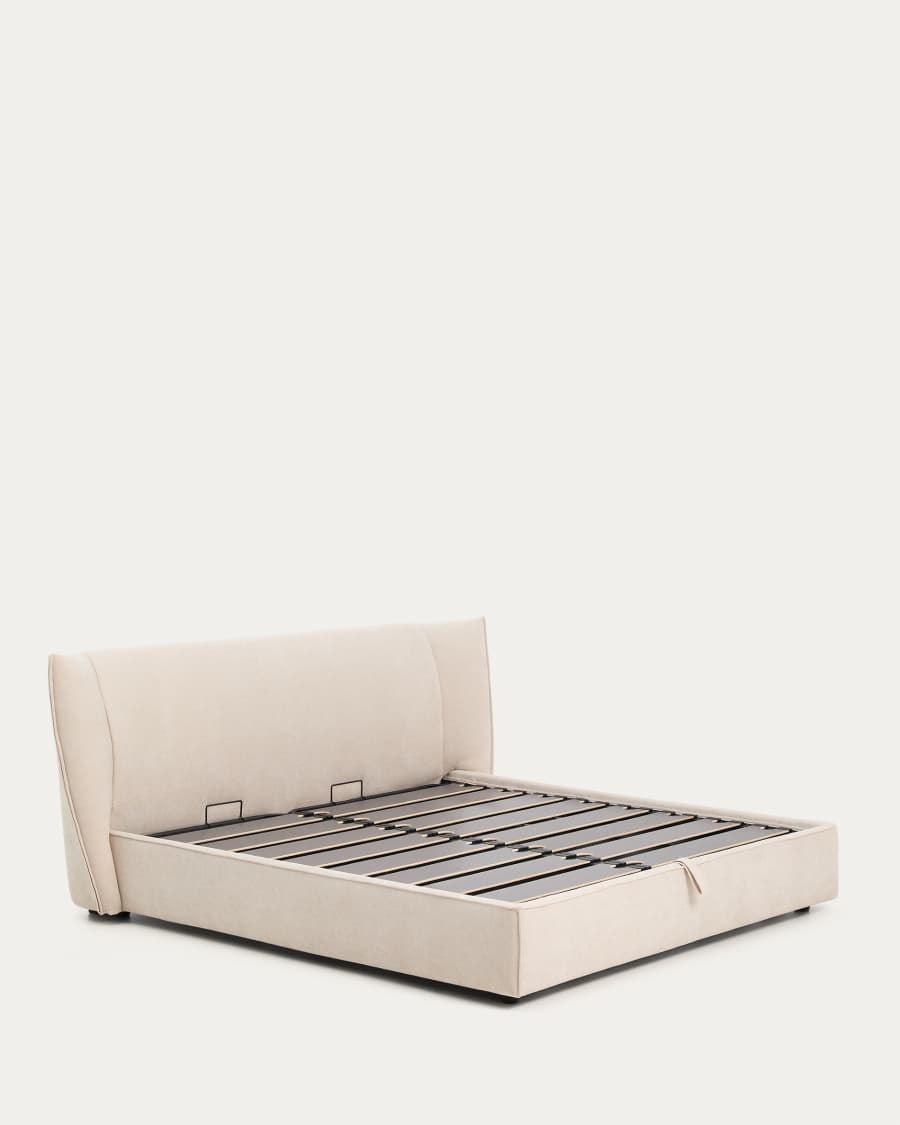Japandi Bett mit Bettkasten, Chenille-Bezug, Beige, 180x200 cm