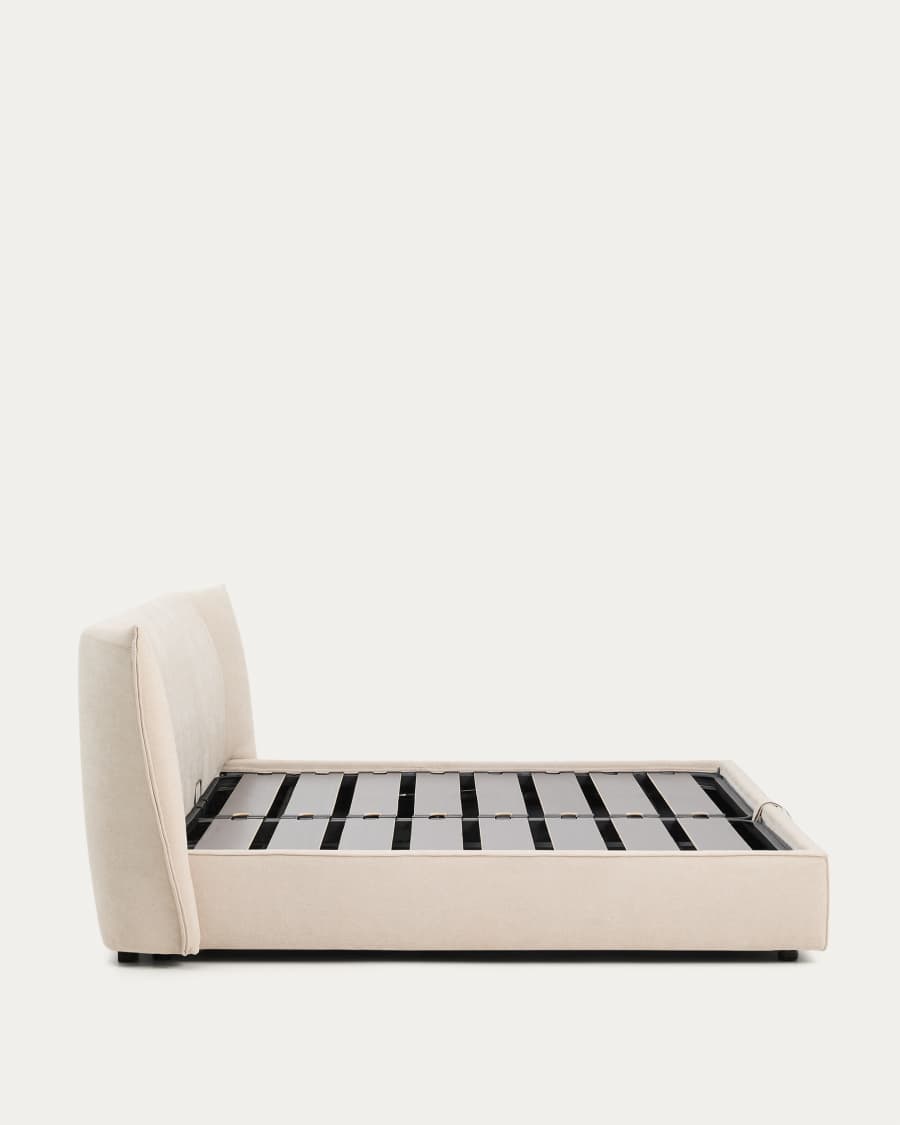 Japandi Bett mit Bettkasten, Chenille-Bezug, Beige, 180x200 cm