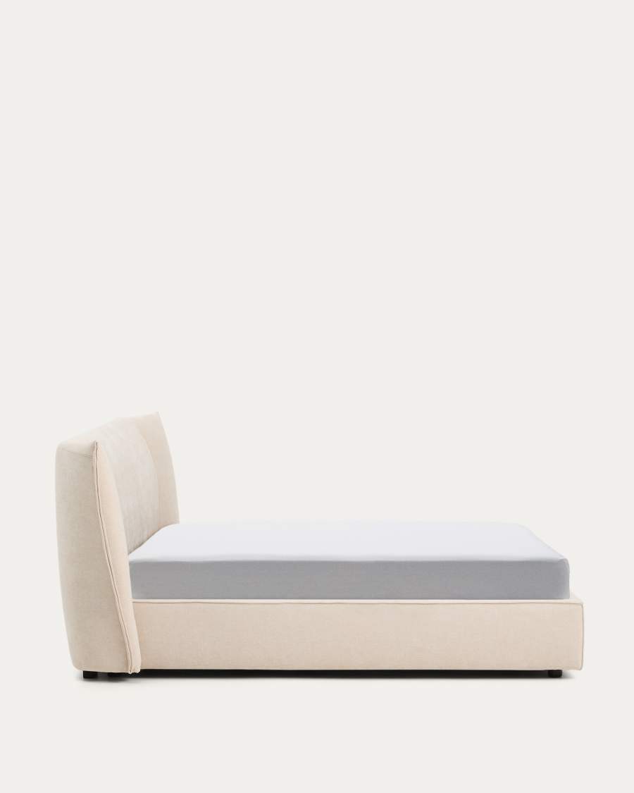 Japandi Bett mit Bettkasten, Chenille-Bezug, Beige, 180x200 cm
