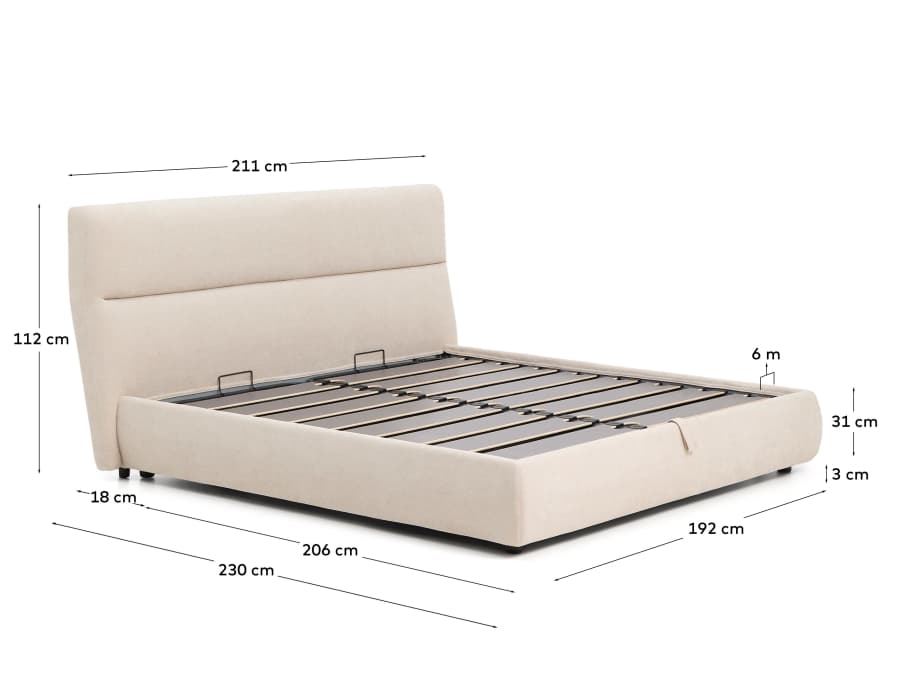 Japandi Bett mit Bettkasten, Chenille-Bezug in Beige, 180 x 200 cm