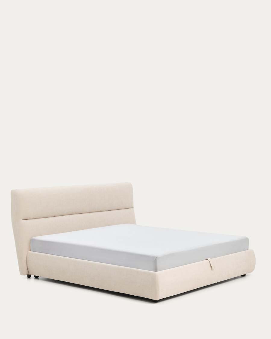 Japandi Bett mit Bettkasten, Chenille-Bezug in Beige, 180 x 200 cm