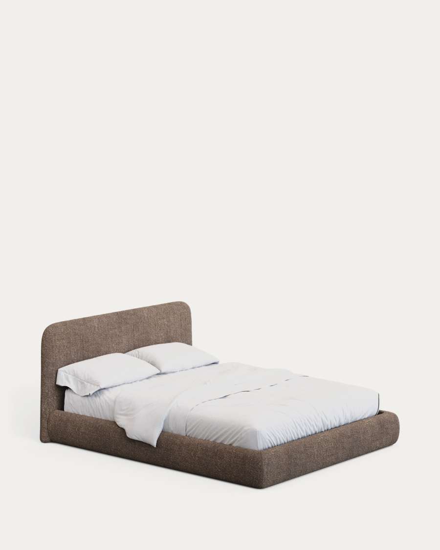Japandi Bett mit Lammfellimitat in Braun 160x200 cm