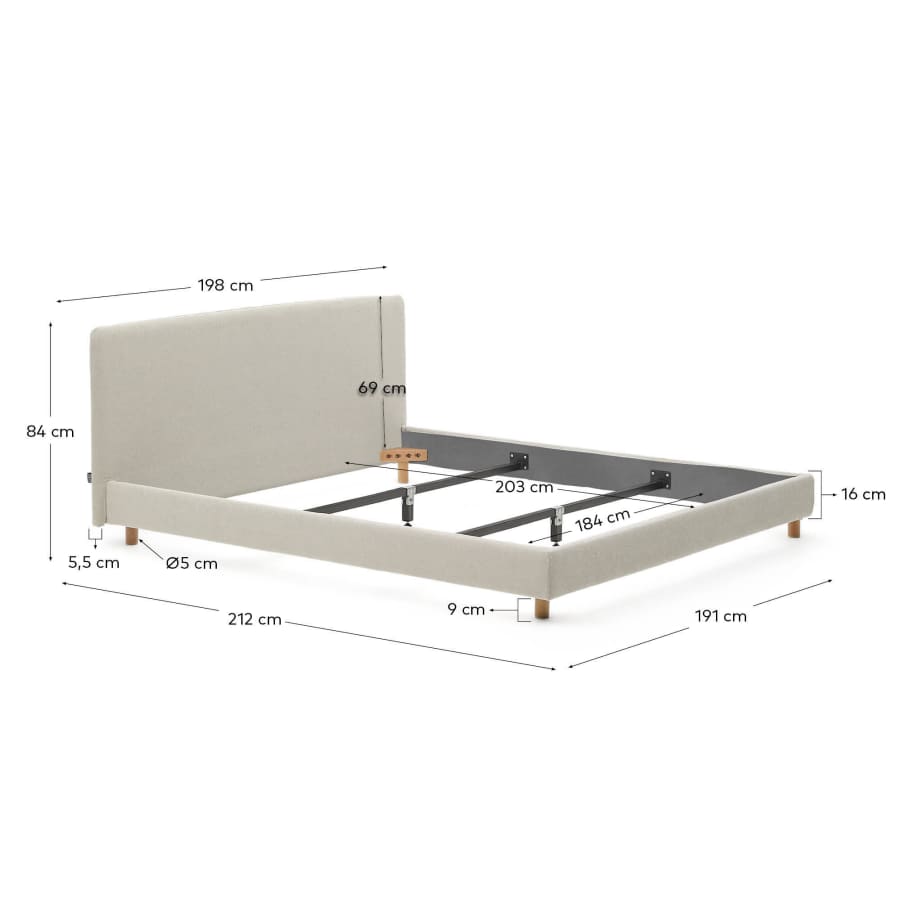 Japandi Bett „Perle" aus Buchenholz – Chenille-Bezug, 180x200 cm