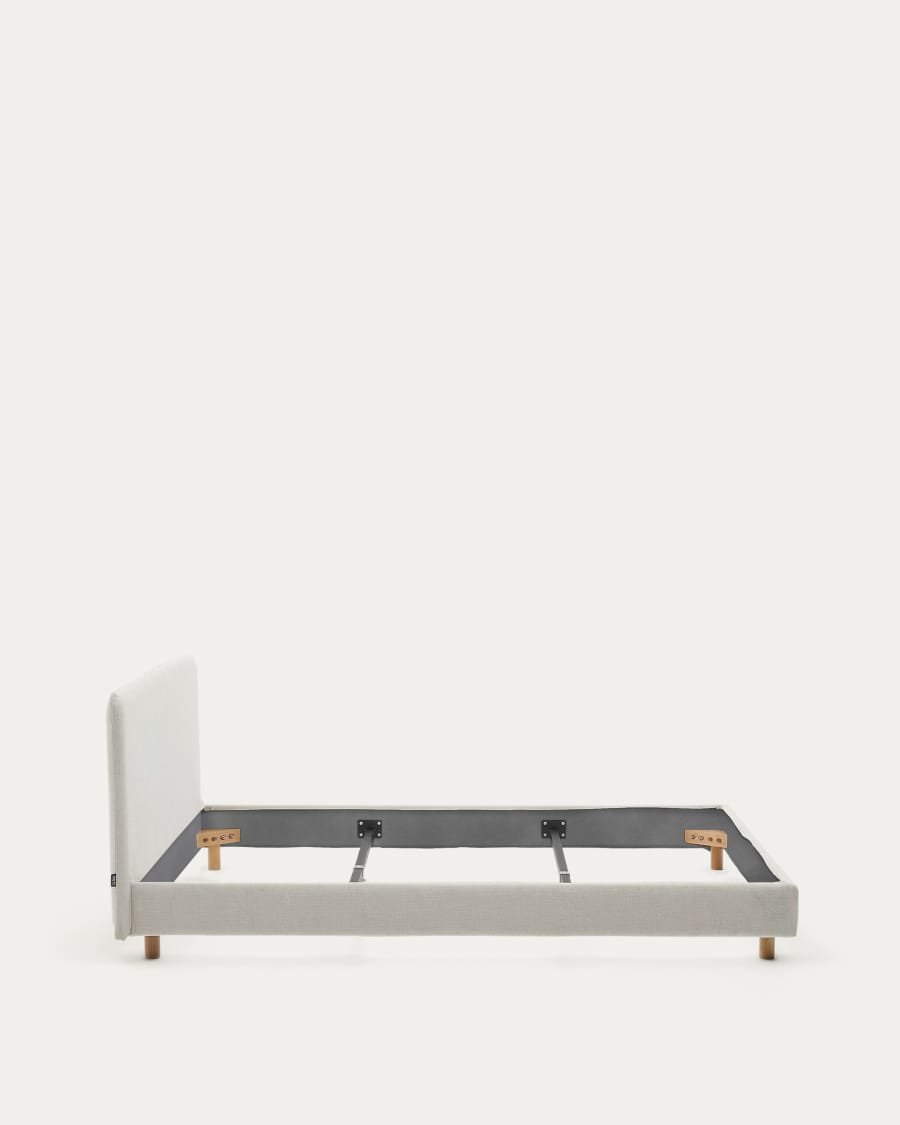 Japandi Bett „Perle" aus Buchenholz – Chenille-Bezug, 180x200 cm