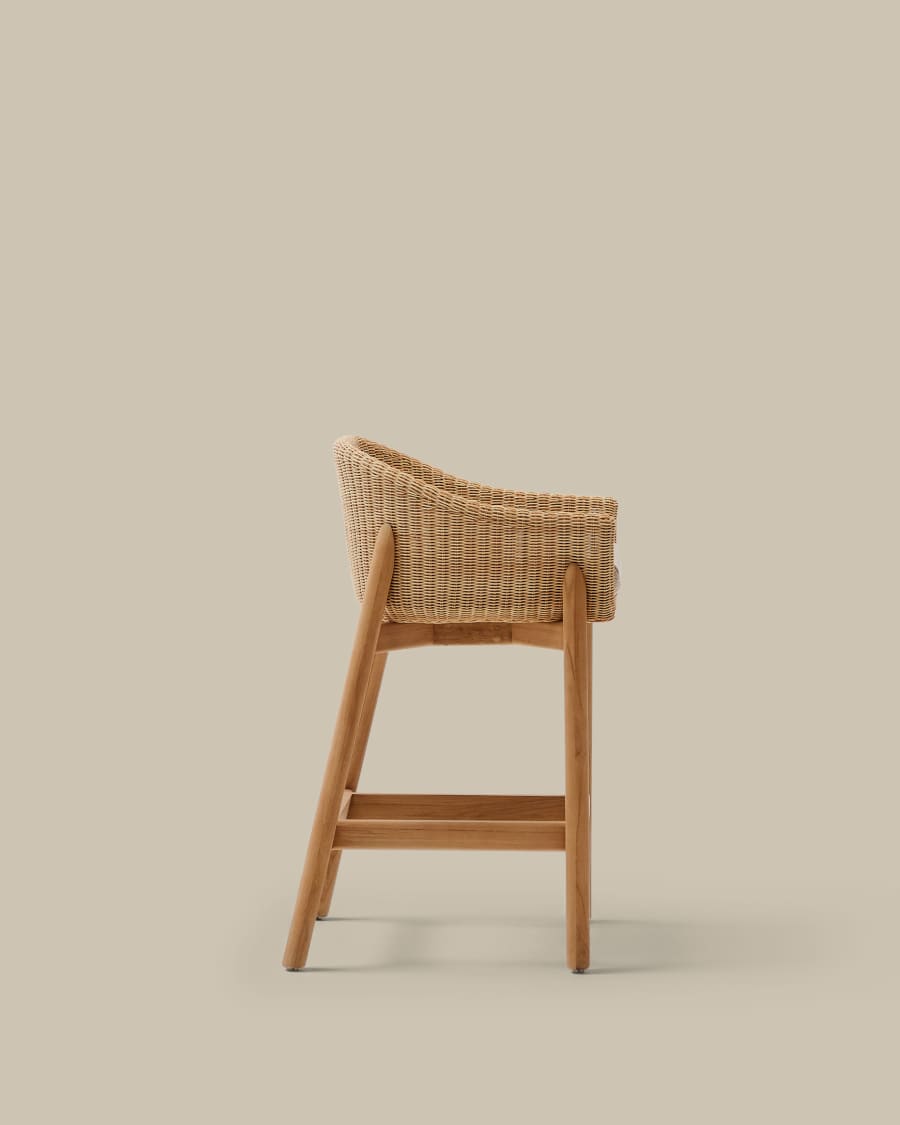 Hocker Japandi Teakholz Rattan 65 cm
