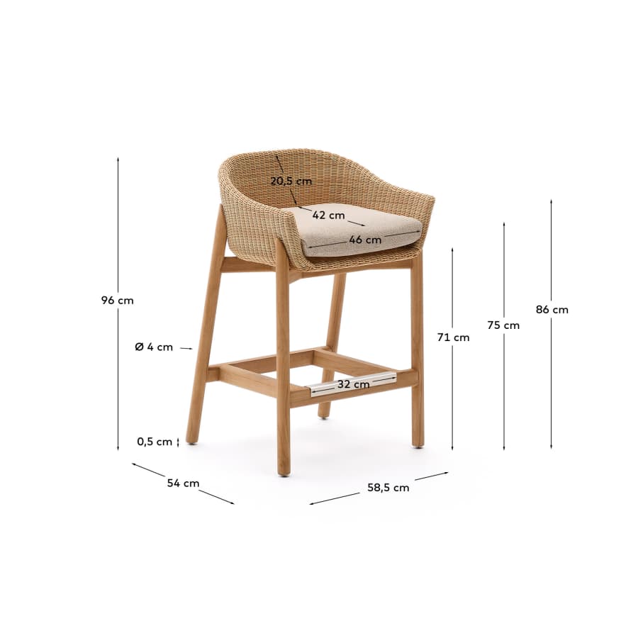 Hocker Japandi Teakholz Rattan 75 cm