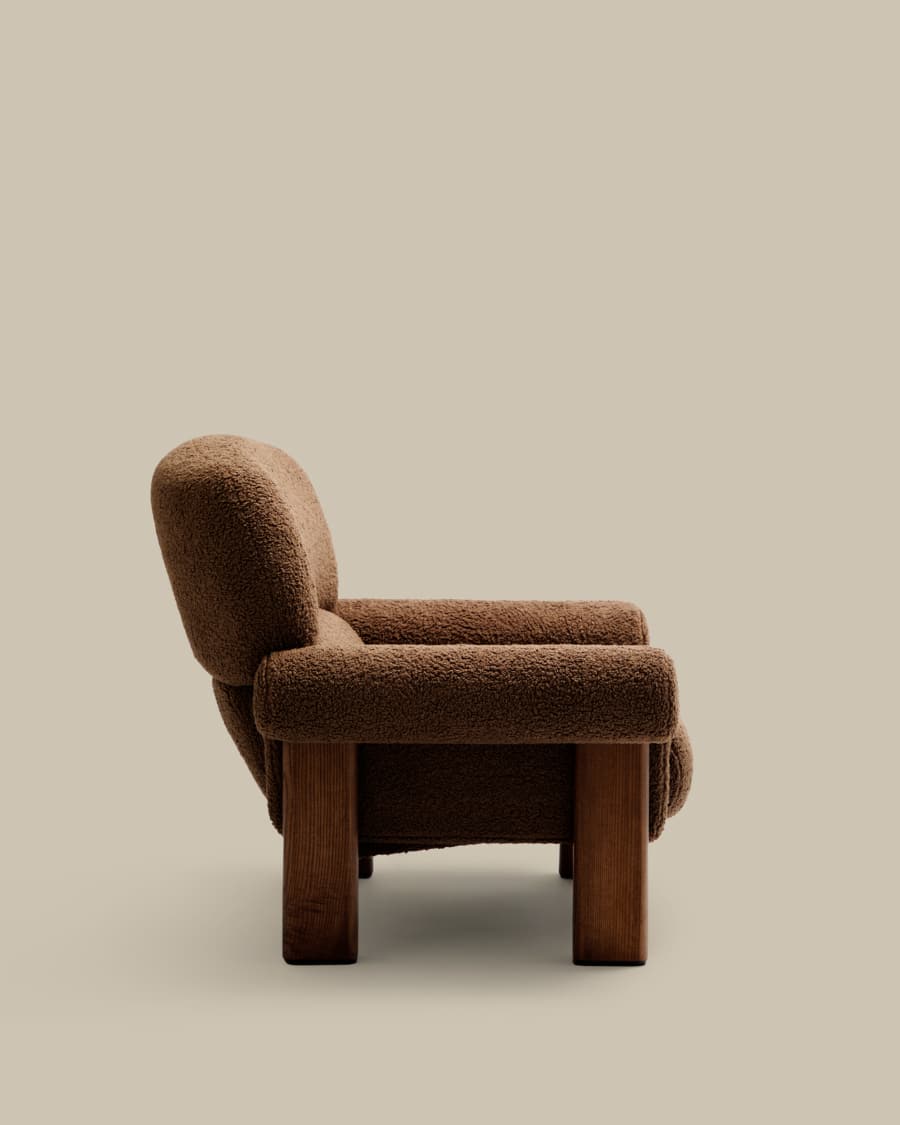Sessel Japandi Taupe Bouclé Eschenholz Natur
