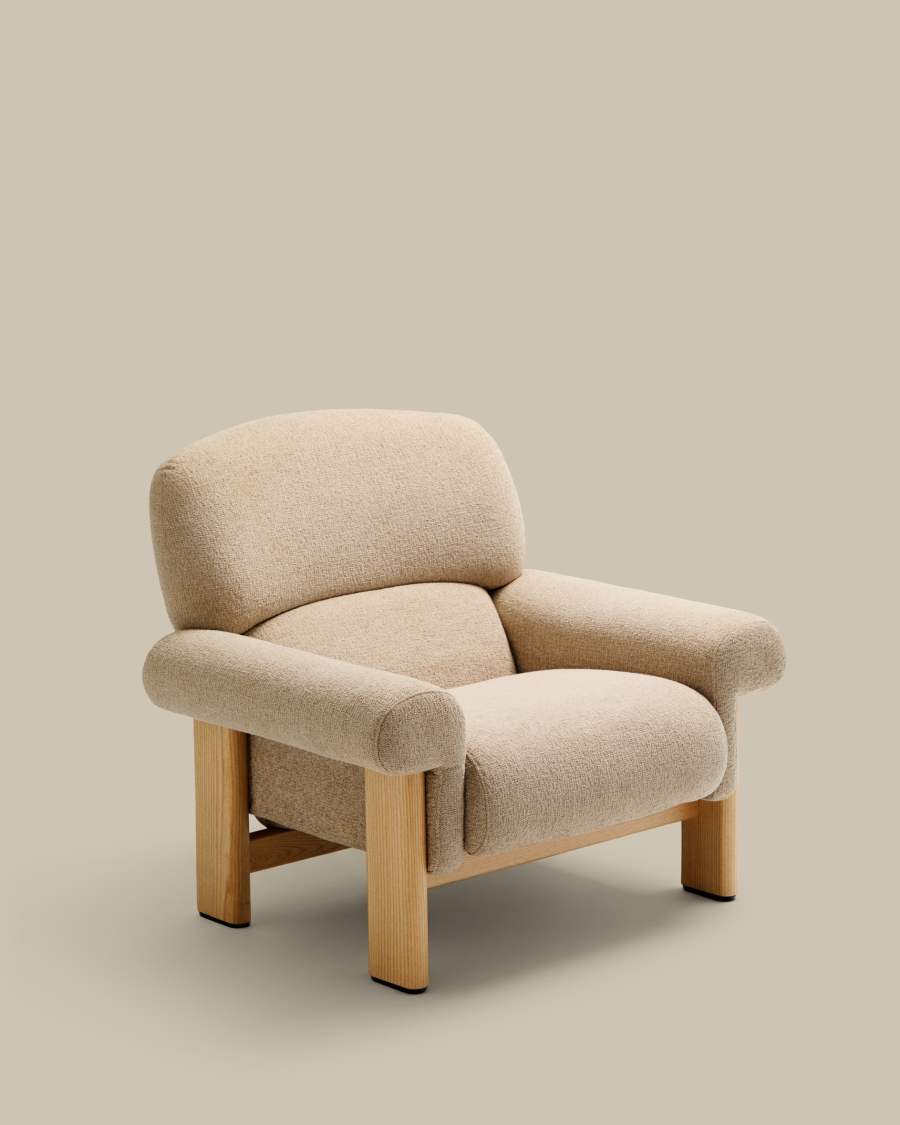 Sessel Japandi Beige Chenille Eschenholz Natur