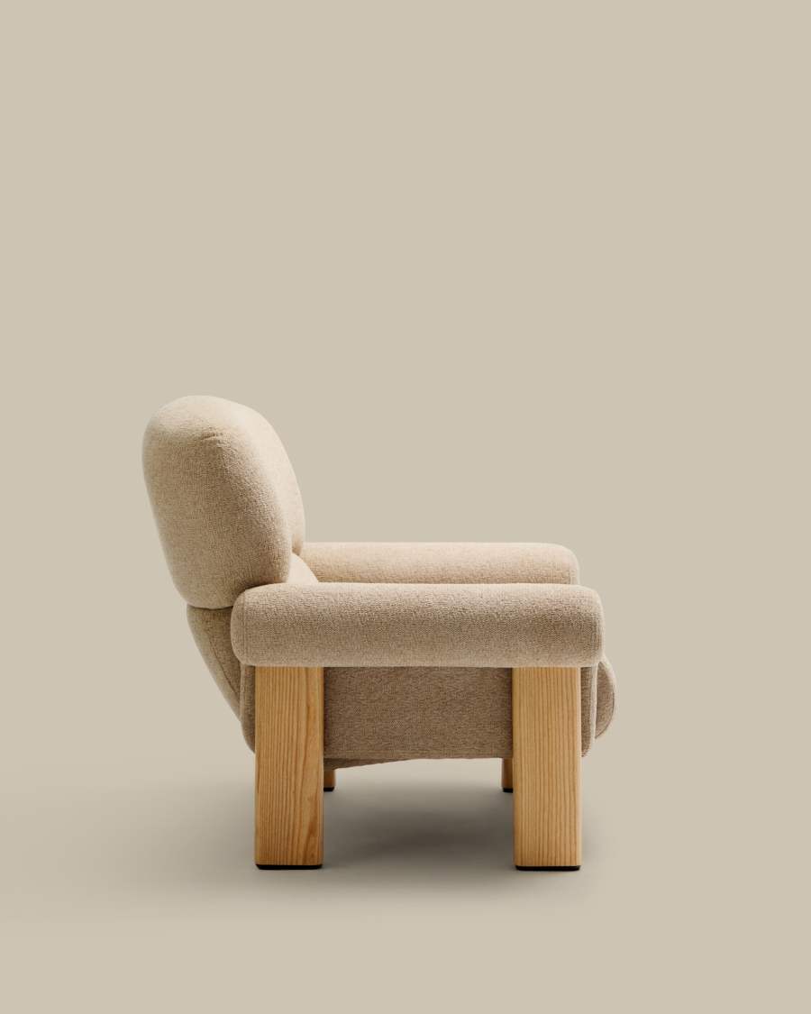 Sessel Japandi Beige Chenille Eschenholz Natur