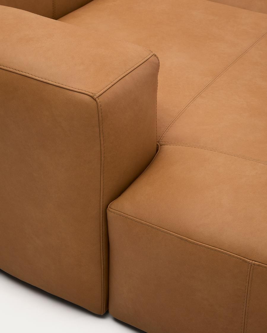 Japandi Sofa mit Chaiselongue Rechts aus Braunem Leder