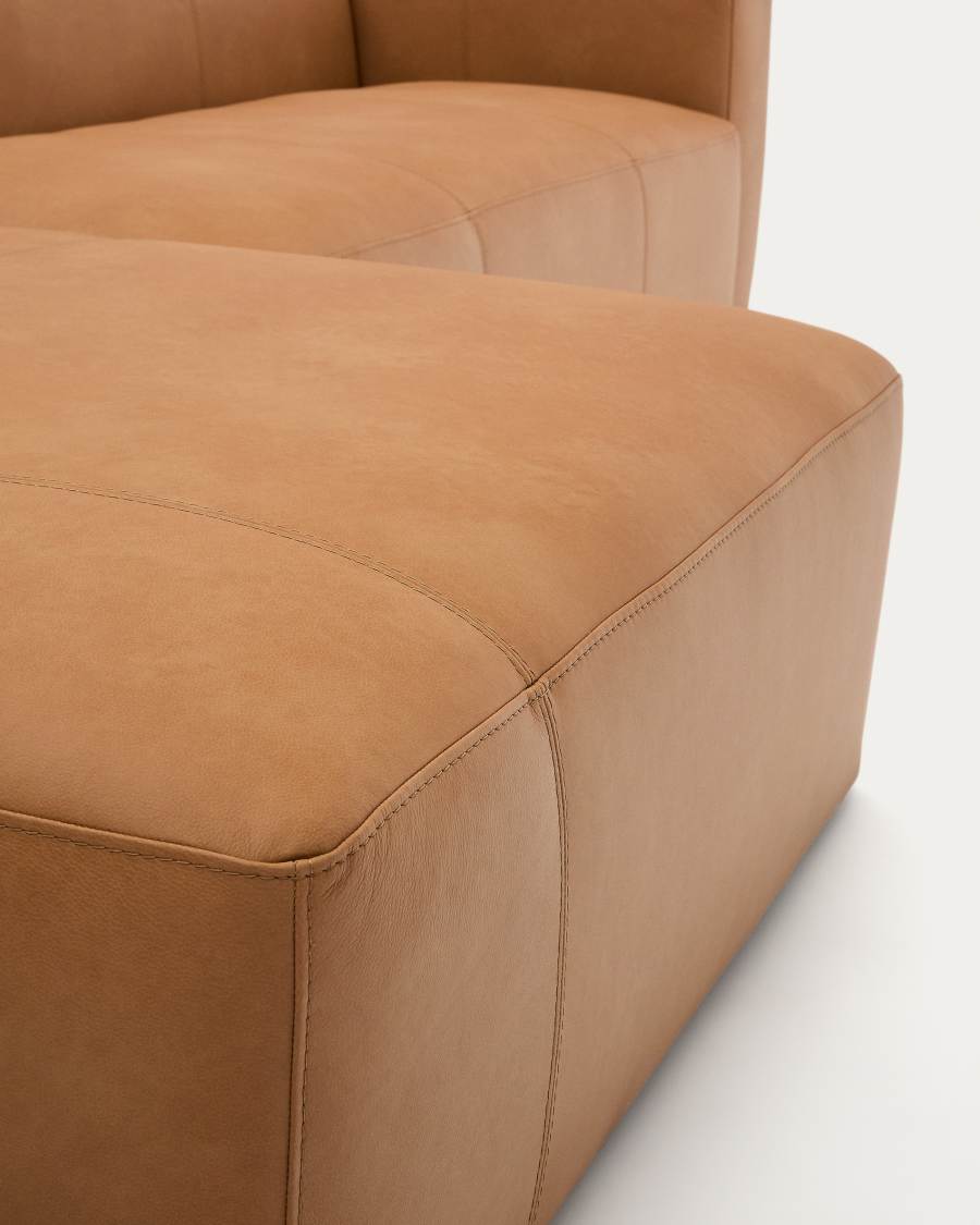 Japandi Sofa mit Chaiselongue Rechts aus Braunem Leder