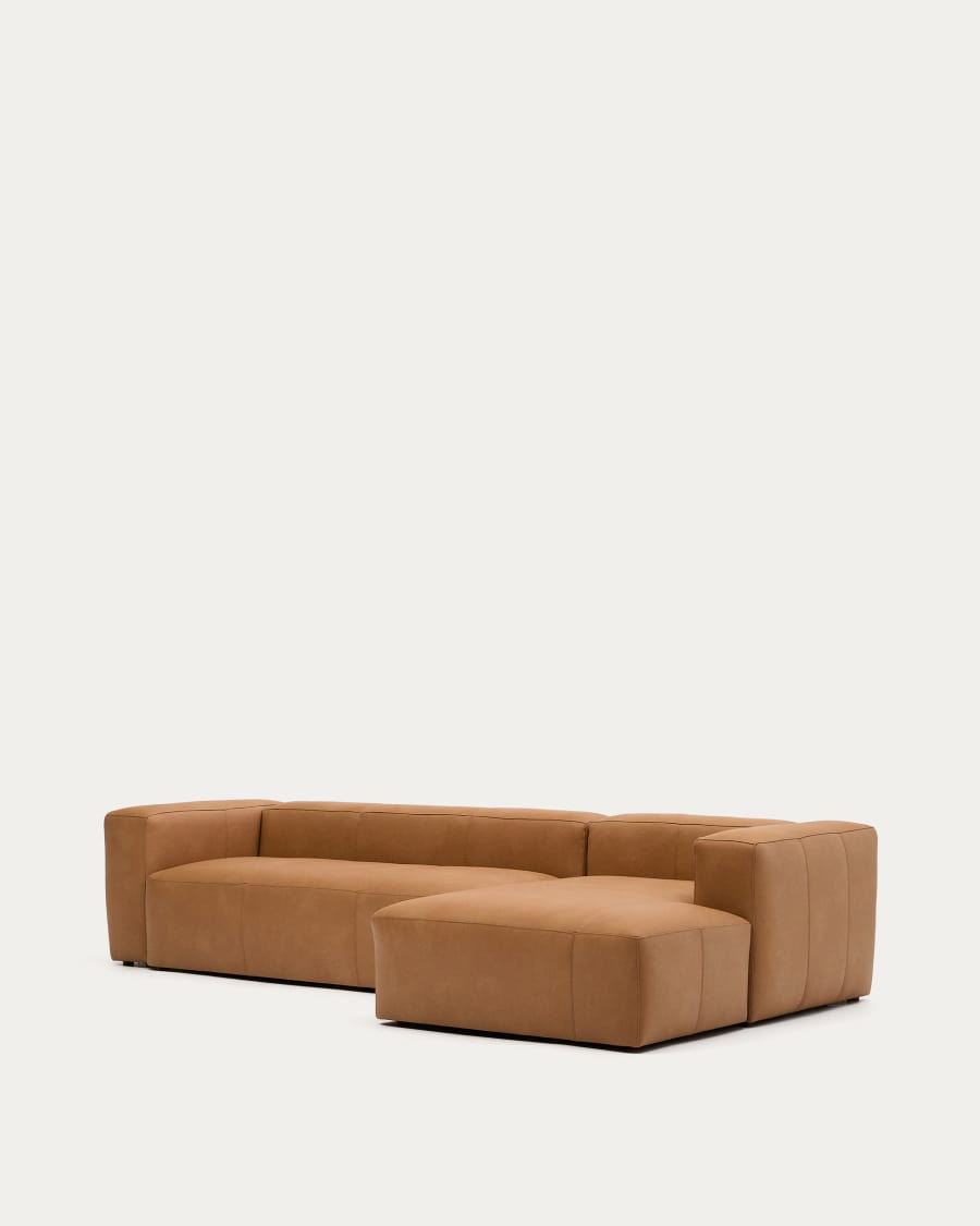 Japandi Sofa mit Chaiselongue Rechts aus Braunem Leder