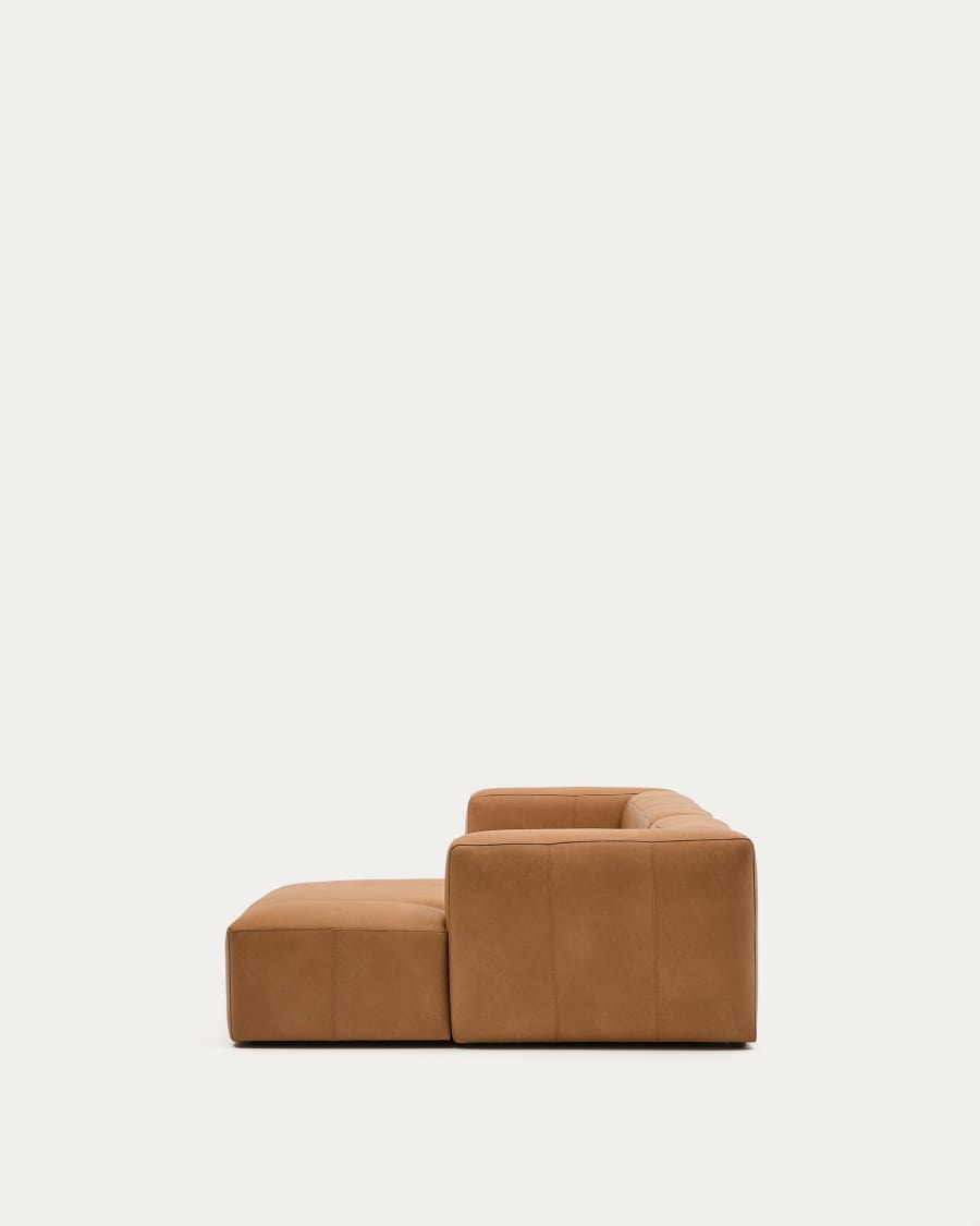 Japandi Sofa mit Chaiselongue Rechts aus Braunem Leder