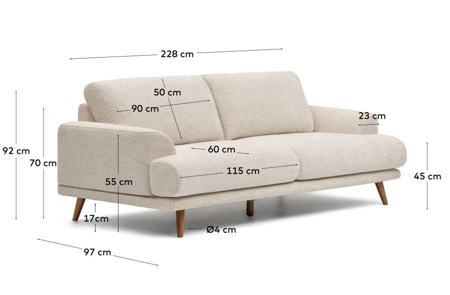 Japandi Sofa Beige 3-Sitzer Buchenholz Walnuss
