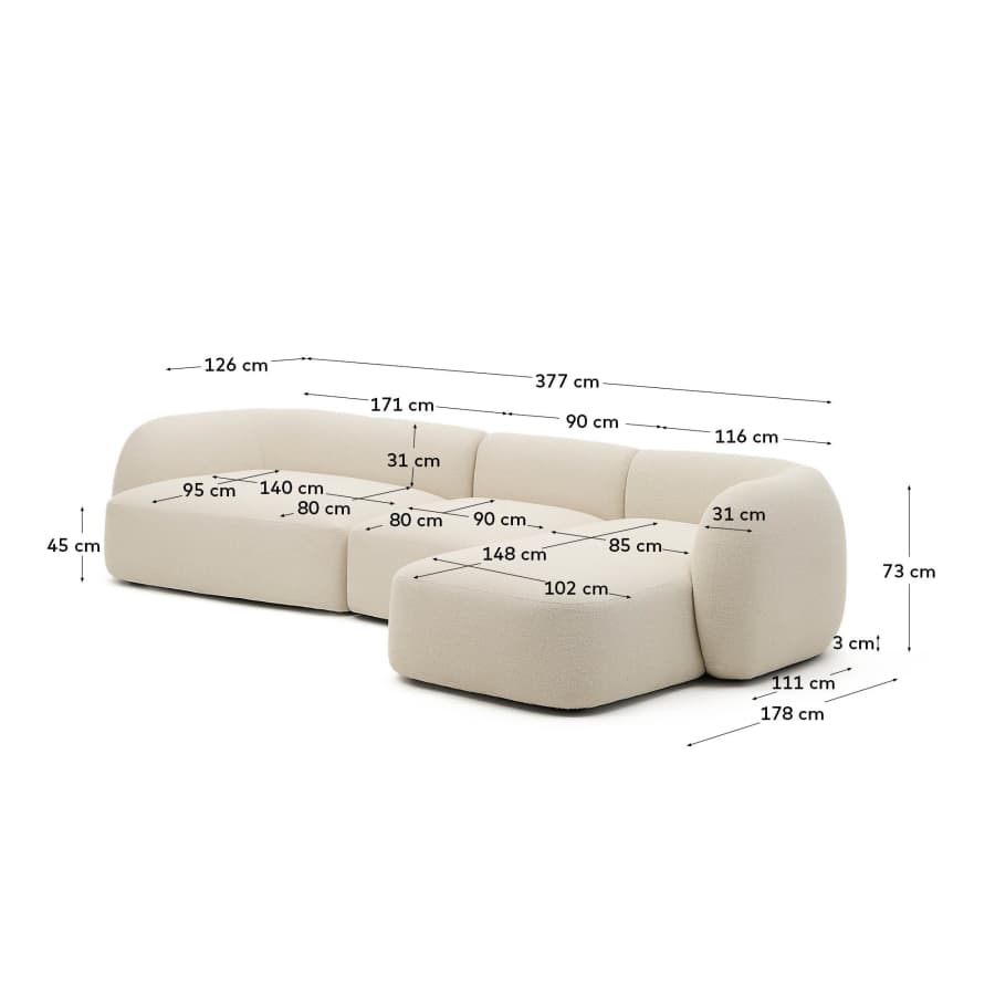 Modulares Japandi-Sofa mit Chaiselongue Rechts, Ecru Chenille