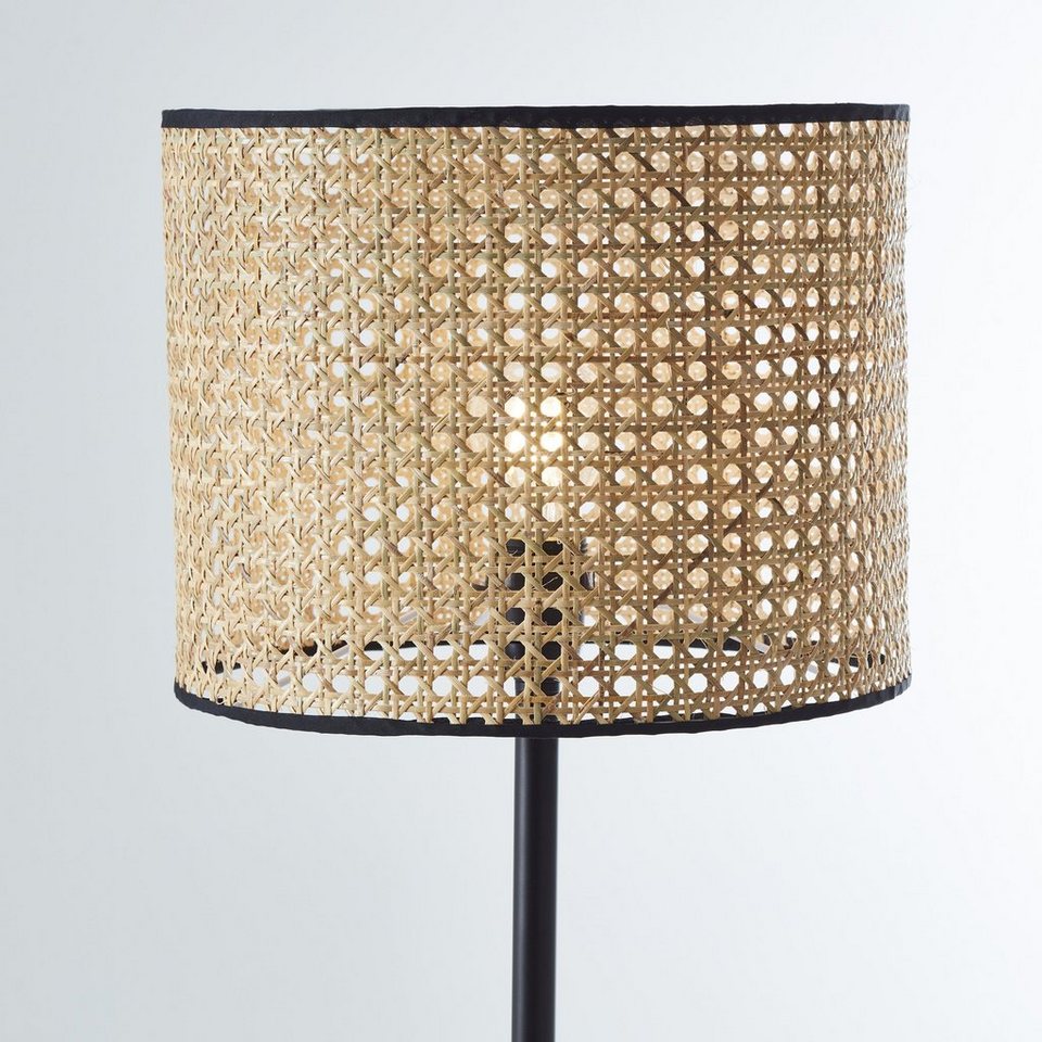 Japandi Stehlampe aus Rattan und Holz in Natur Schwarz
