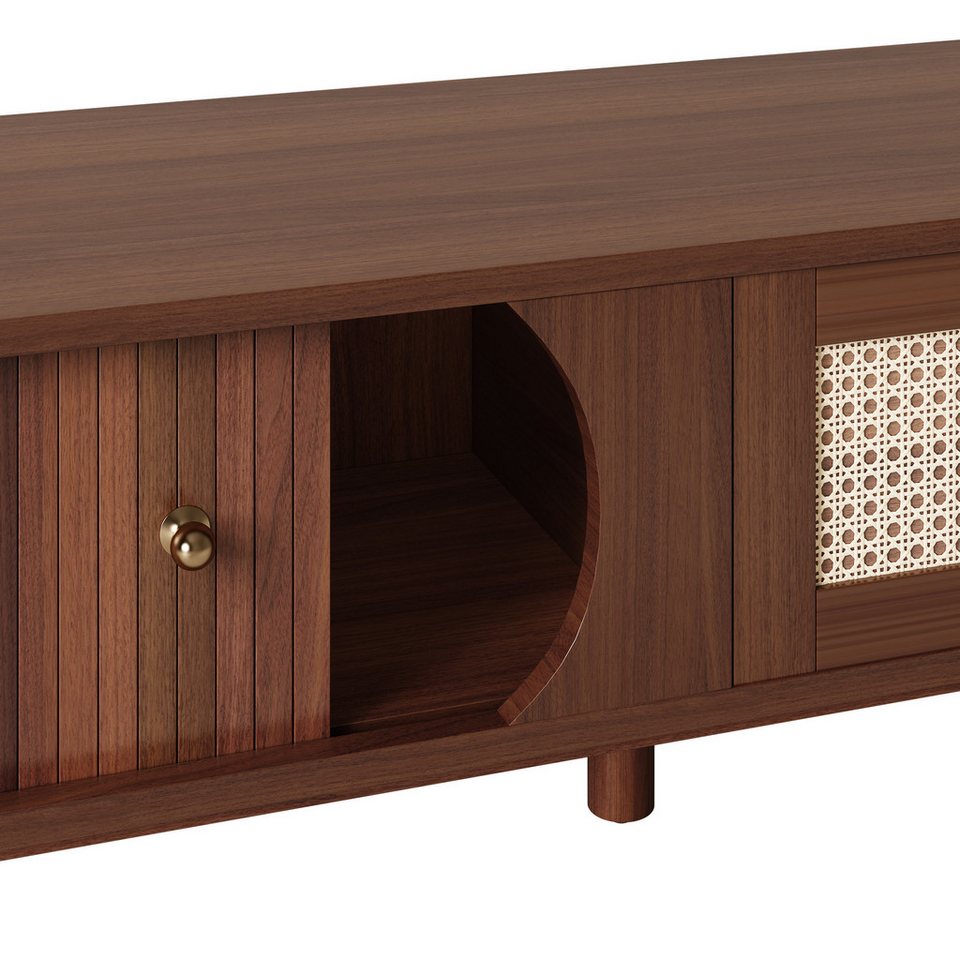 TV-Board Japandi Naturholz mit Rattan-Schubladen