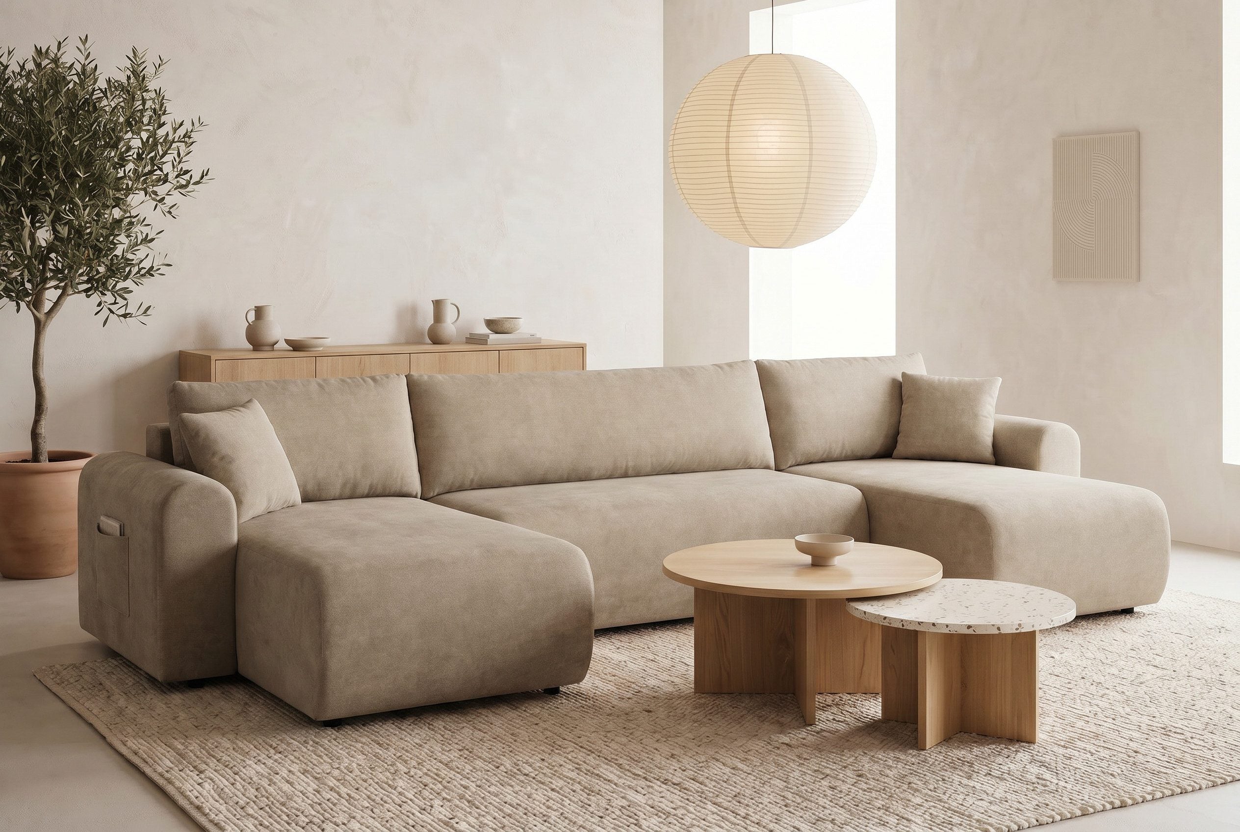 Japandi U-Wohnlandschaft Beige mit Schlaffunktion und Bettkasten